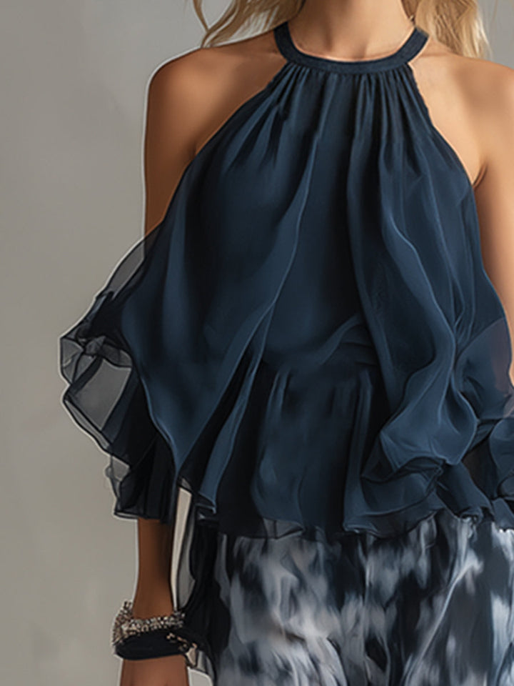 Ludovica - elegante de chifón con top de cuello alto y pantalones anchos estampados