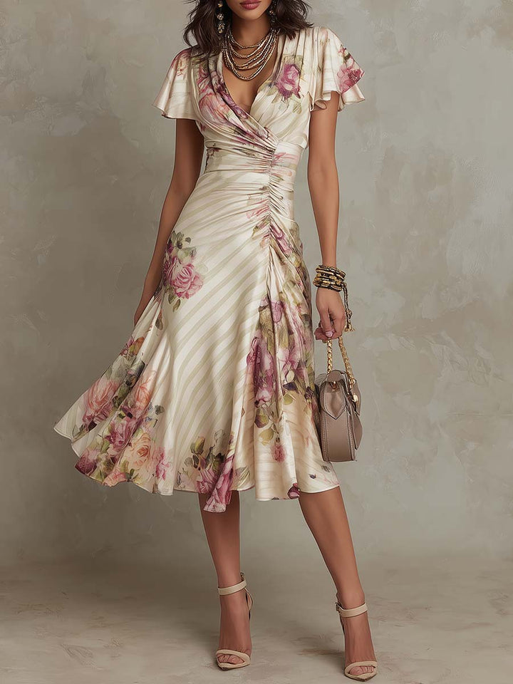 Alba - Vestido midi de satén floral elegante retro