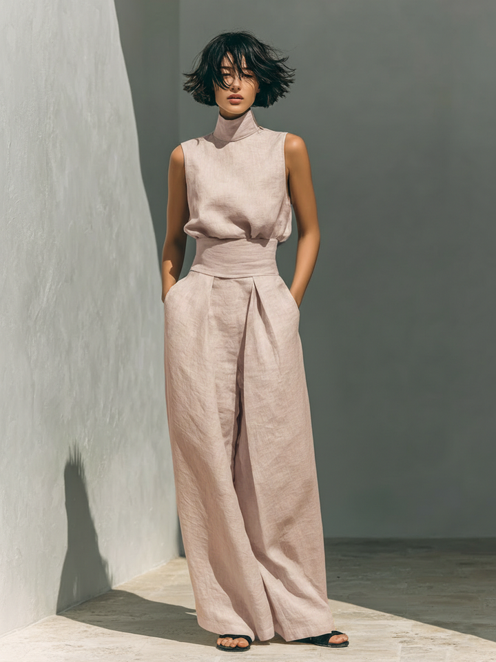 Maria - Conjunto minimalista para mujer de top sin mangas y pantalón ancho en algodón y lino