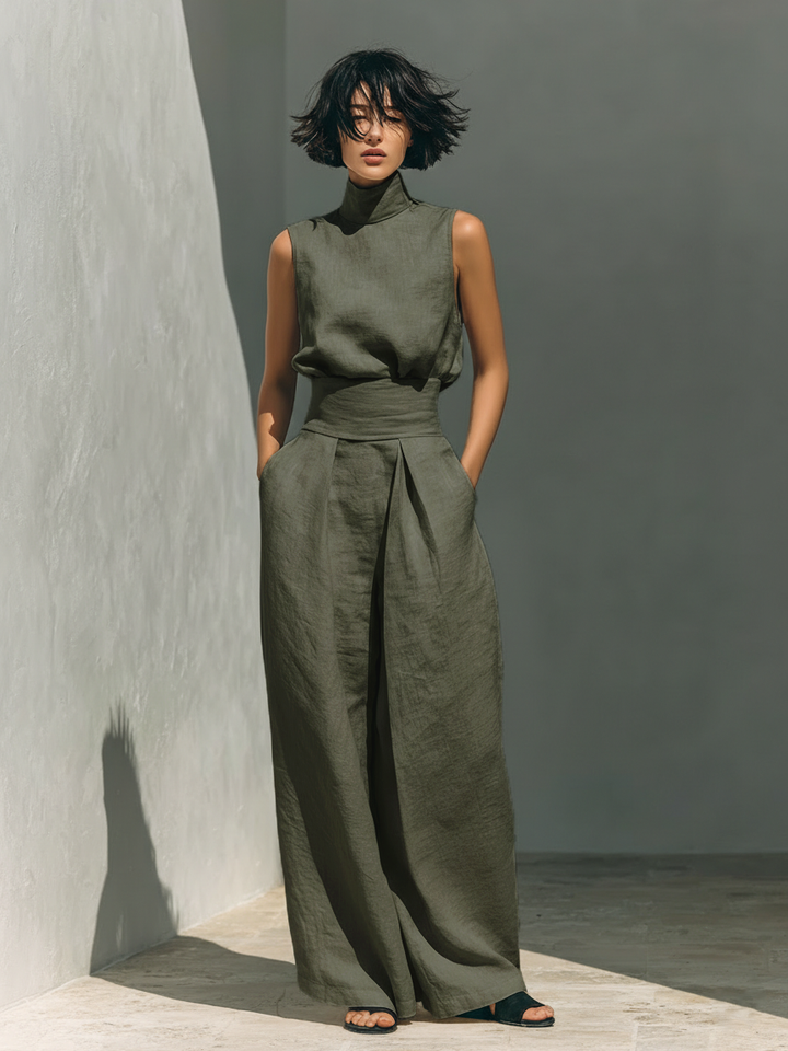 Maria - Conjunto minimalista para mujer de top sin mangas y pantalón ancho en algodón y lino