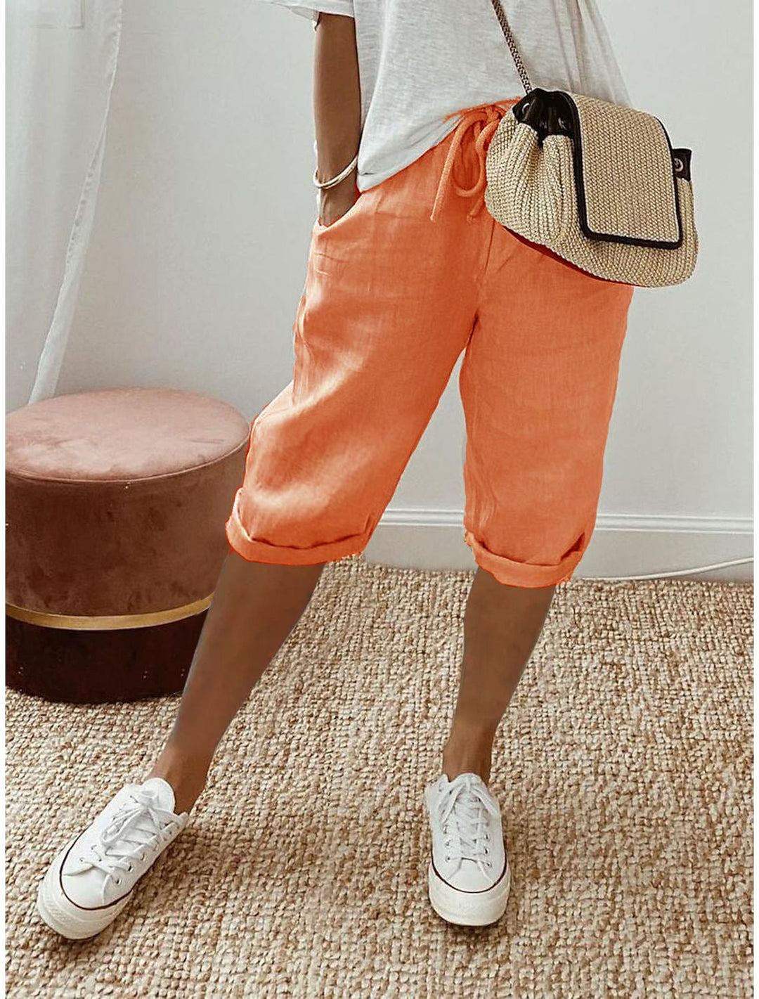 Pantalón capri informal de algodón y lino para mujer