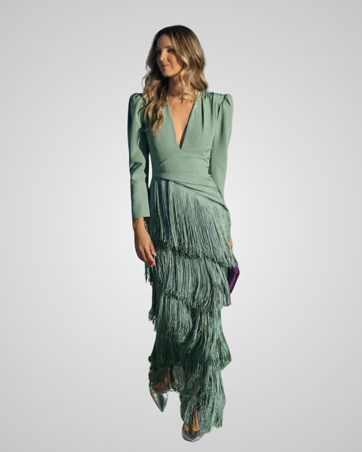 Clara™ | Vestido midi elegante con mangas de flecos
