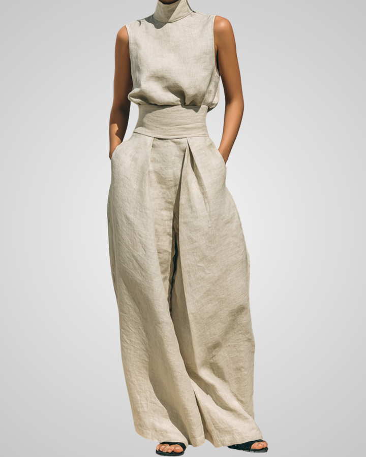 Maria - Conjunto minimalista para mujer de top sin mangas y pantalón ancho en algodón y lino