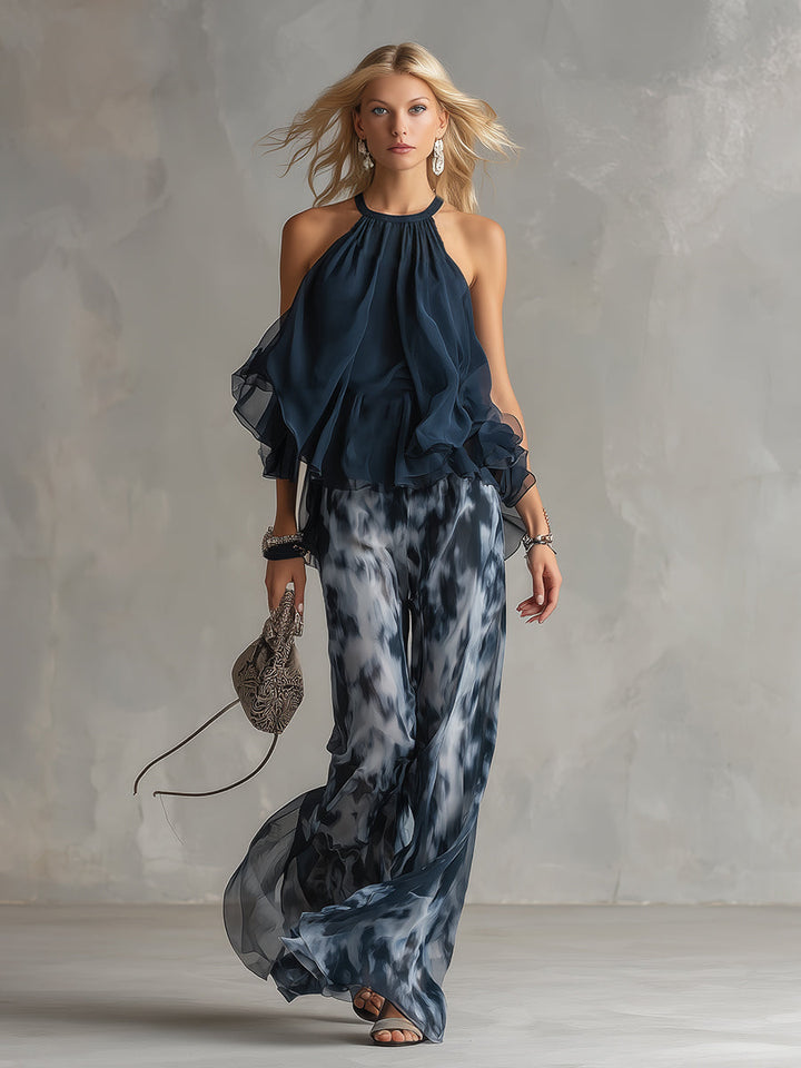 Ludovica - elegante de chifón con top de cuello alto y pantalones anchos estampados