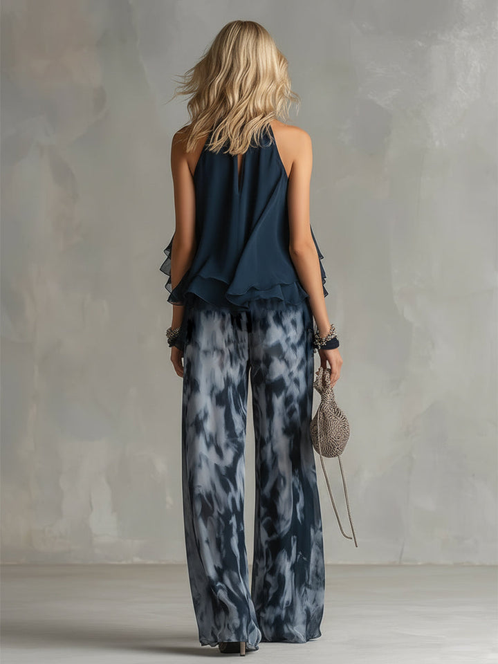 Ludovica - elegante de chifón con top de cuello alto y pantalones anchos estampados