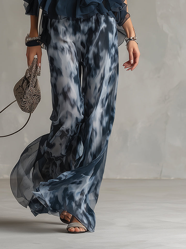 Ludovica - elegante de chifón con top de cuello alto y pantalones anchos estampados