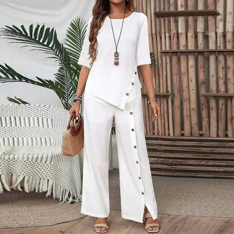 Conjunto casual elegante con top asimétrico y pantalón de corte amplio