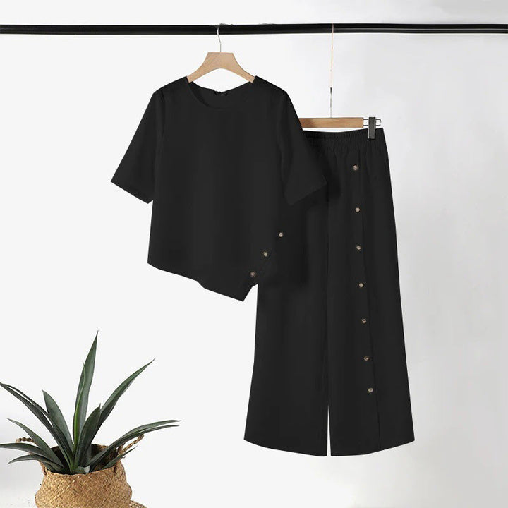 Conjunto casual elegante con top asimétrico y pantalón de corte amplio