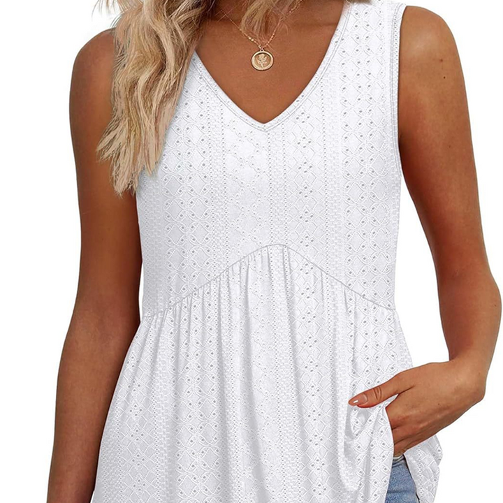 Blusa casual sin mangas para mujer con escote en V y volantes florales