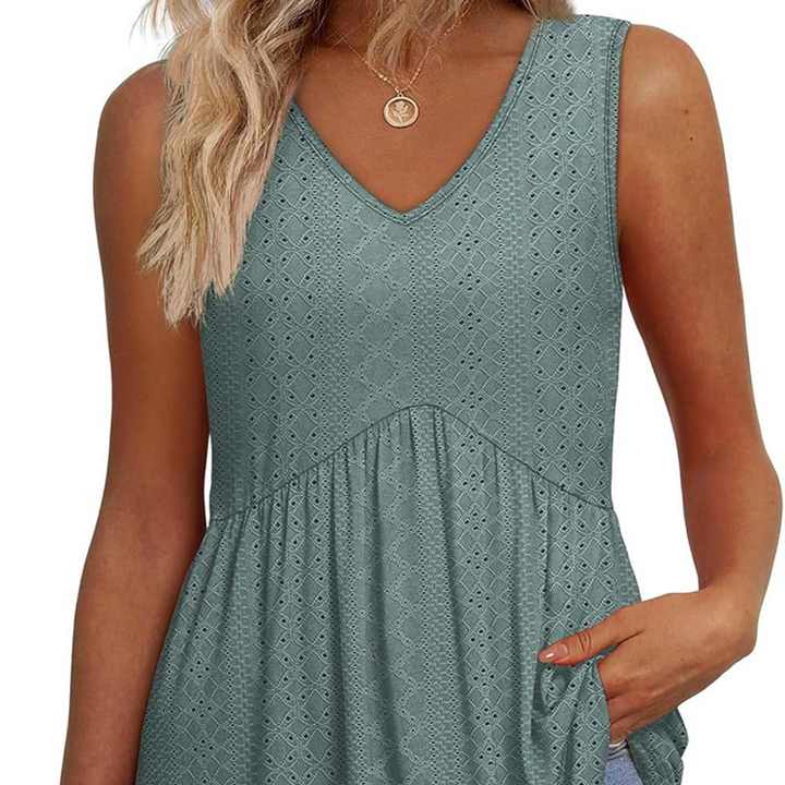 Blusa casual sin mangas para mujer con escote en V y volantes florales