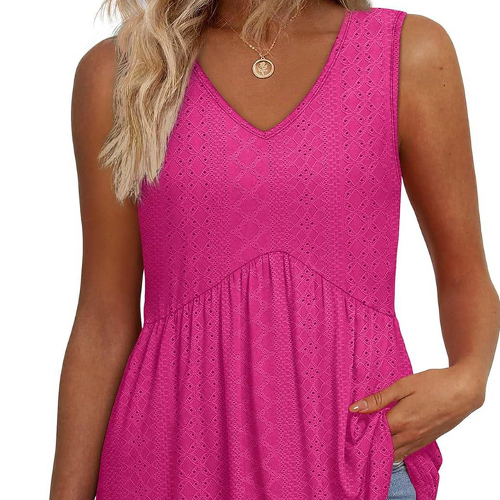 Blusa casual sin mangas para mujer con escote en V y volantes florales