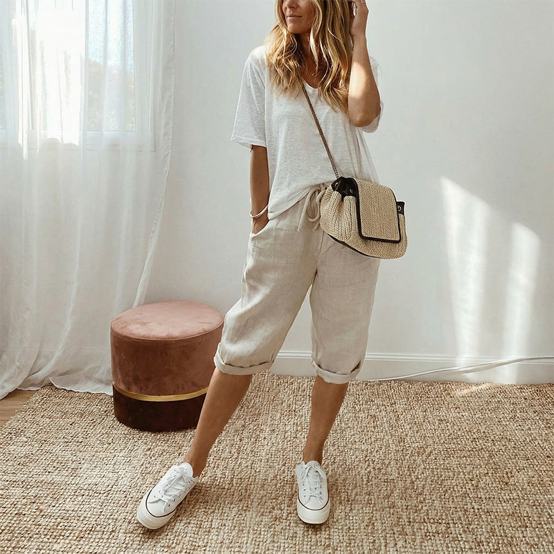 Pantalón capri informal de algodón y lino para mujer