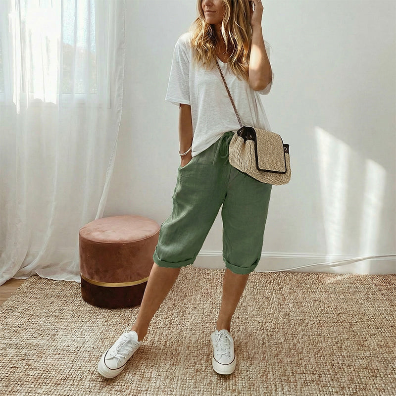 Pantalón capri informal de algodón y lino para mujer