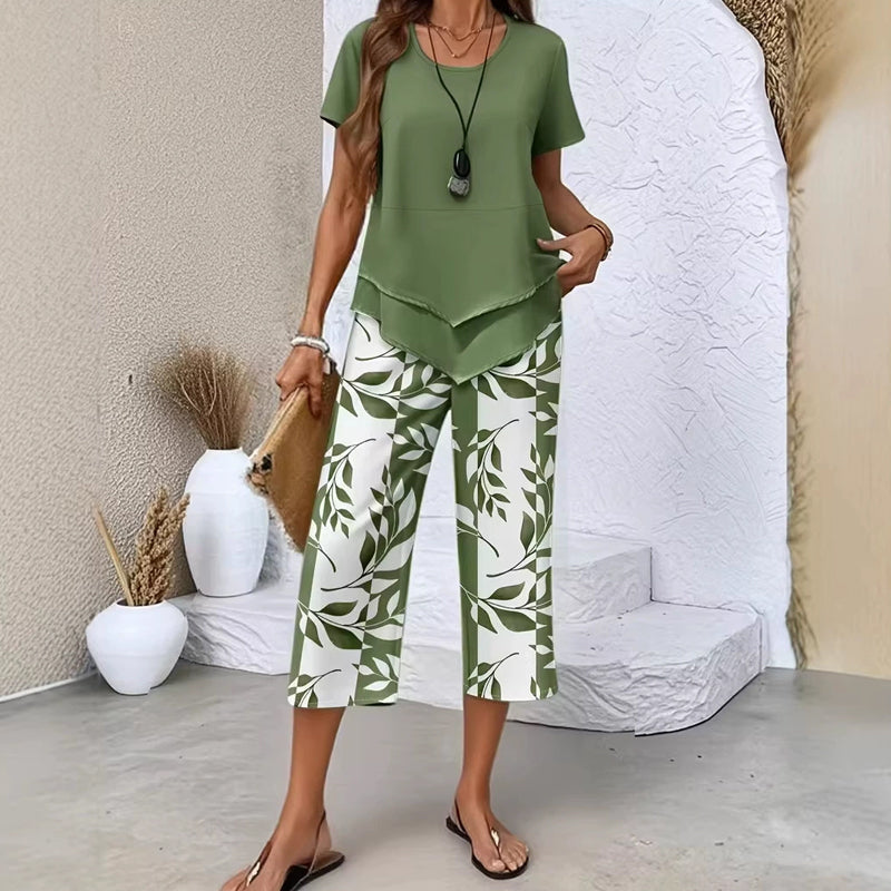 Conjunto de ocio con parte superior de cuello redondo (multicapa) y pantalón extralargo: cómodo, ligero y versátil, ideal para el día a día y los viajes
