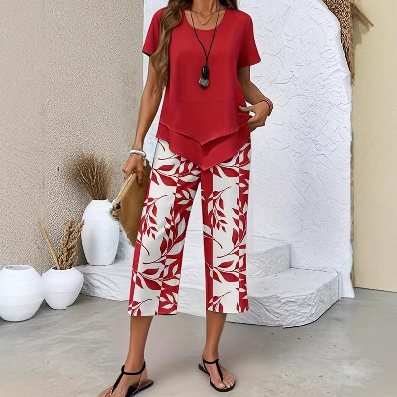 Conjunto de ocio con parte superior de cuello redondo (multicapa) y pantalón extralargo: cómodo, ligero y versátil, ideal para el día a día y los viajes
